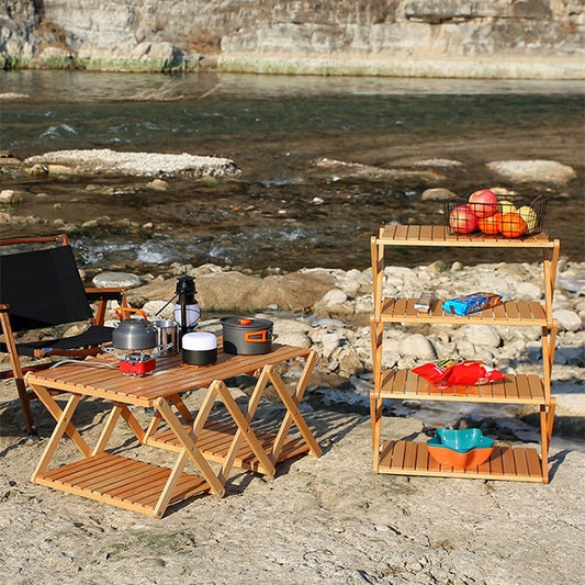 Mesa/Estantería Plegable Convertible de Madera para Camping